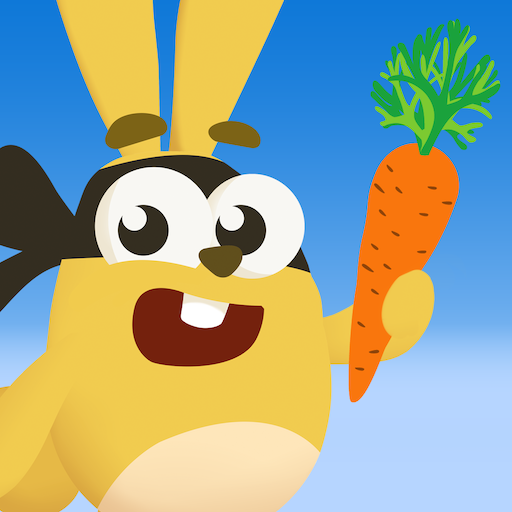 Cartoon character with rabbit ears holding a carrot against a blue background