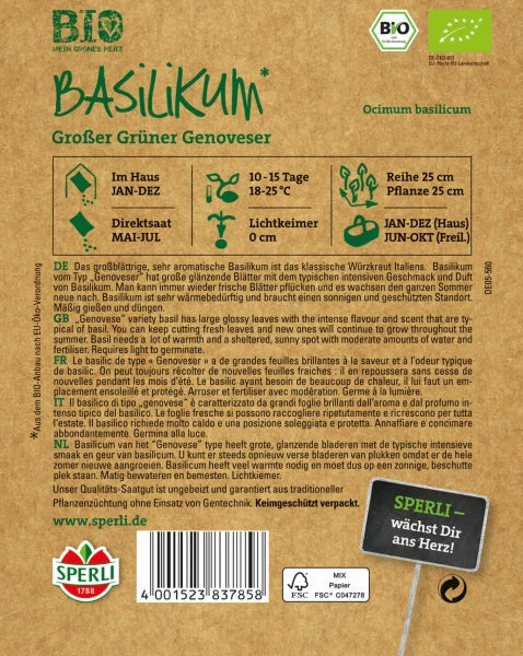 Back of Sperli organic basil seed packet with sowing instructions, growing tips, and multilingual cultivation guide