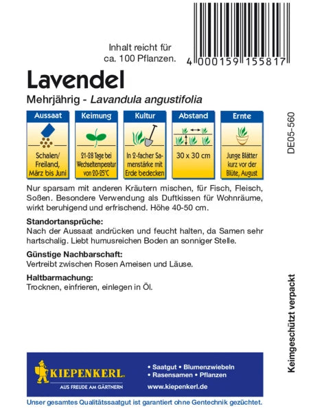 Back of Kiepenkerl Lavendel seed packet with planting and care instructions, spacing and harvest guidelines in German