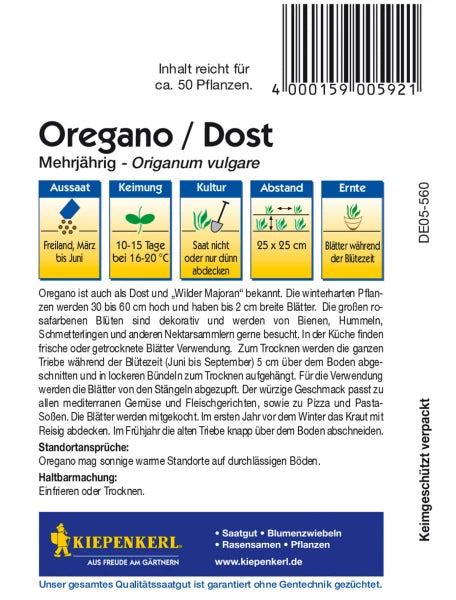 Back of Kiepenkerl Oregano seed packet with planting and care instructions, spacing and harvest guidelines in German