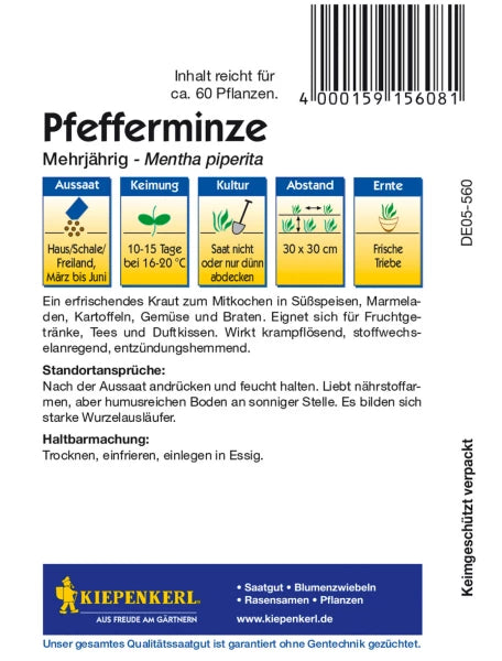 Back of Kiepenkerl Pfefferminze seed packet with planting and care instructions, spacing and harvest guidelines in German