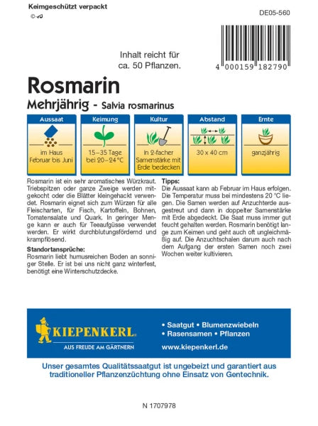 Back of Kiepenkerl Rosmarin seed packet with planting and care instructions, spacing and harvest guidelines in German