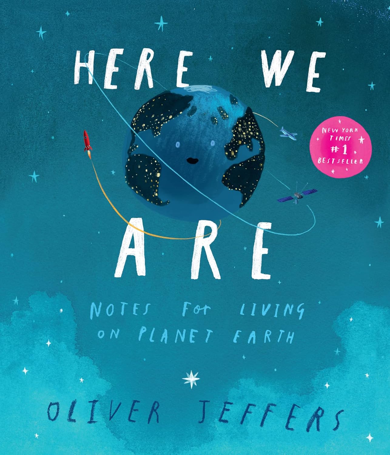 Book cover of 'Here We Are' by Oliver Jeffers with a blue planet and rocket illustration.