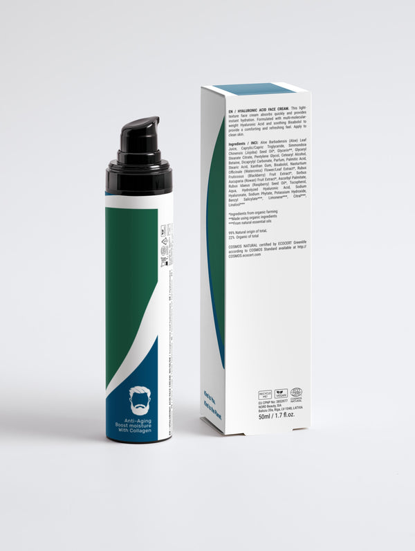 Hyaluronic Acid Face Cream with box back in a green/blue pump bottle with Green Cloud Nine Logo, on a white background