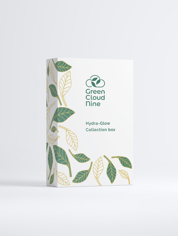 Green Cloud Nine Hydra-Glow Collection Box – sustainable packaging with an elegant leaf design for eco-conscious products.