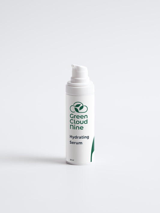 Hydrating Serum 30ml in a white pump bottle with Green Cloud Nine Logo