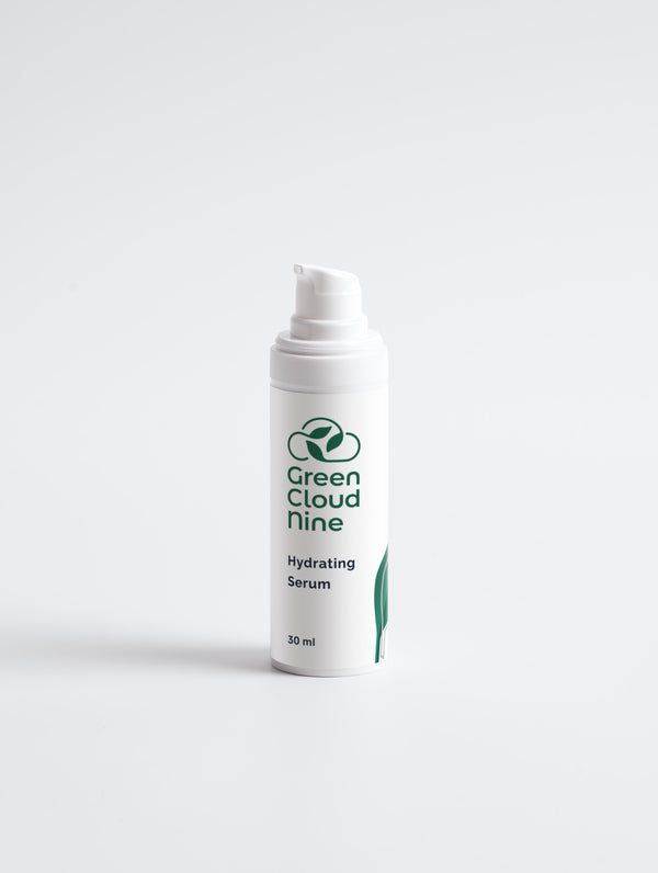 Hydrating Serum 30ml in a white pump bottle with Green Cloud Nine Logo on a white background
