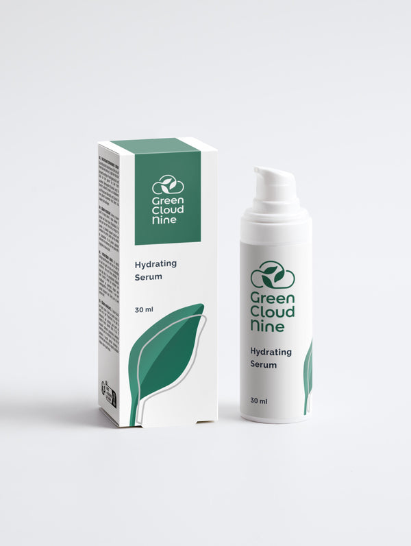 Hydrating Serum with box  in a white pump bottle with Green Cloud Nine Logo