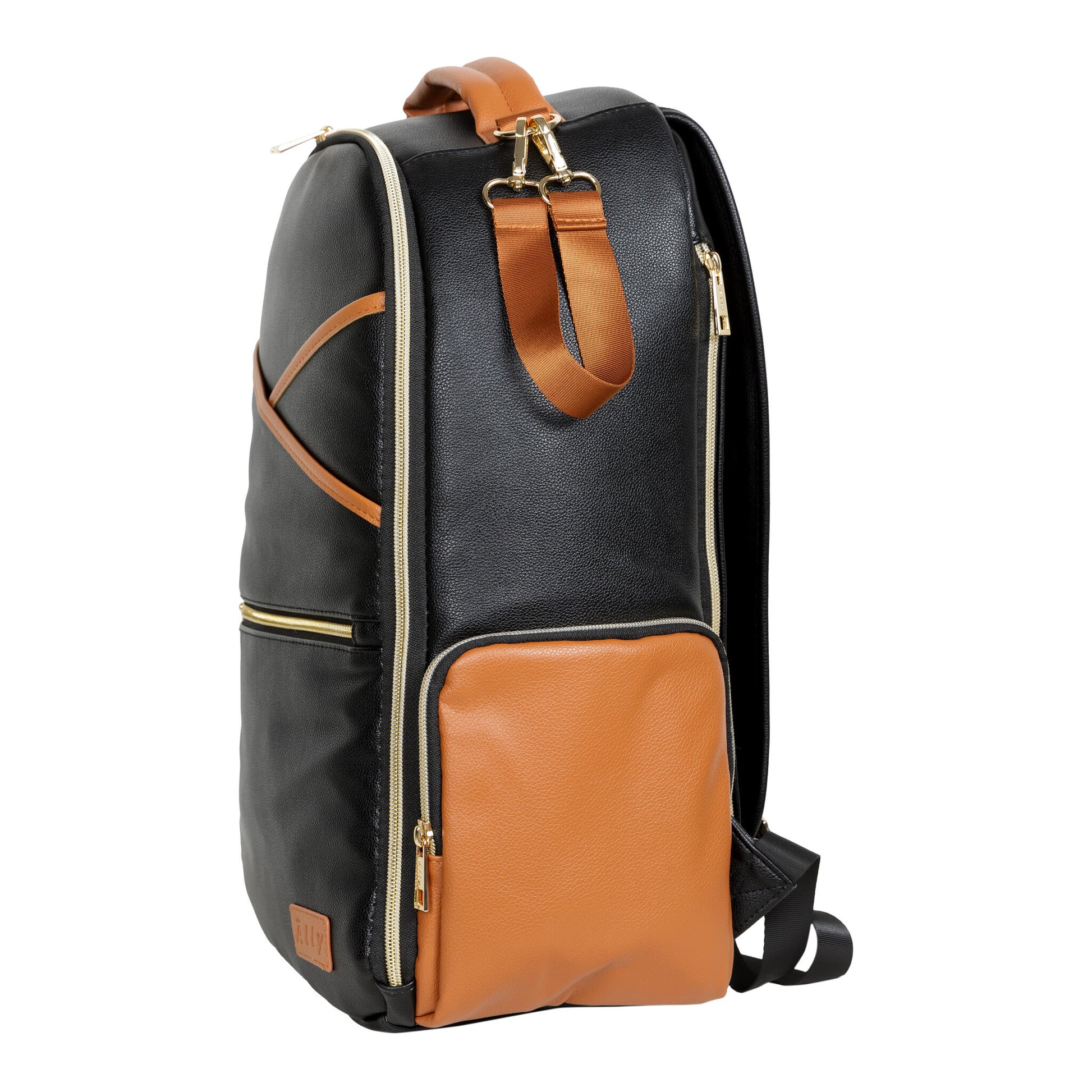 Large Diaper Backpack corner, Black Coffee. crafted from vegan leather for a chic and eco-conscious lifestyle