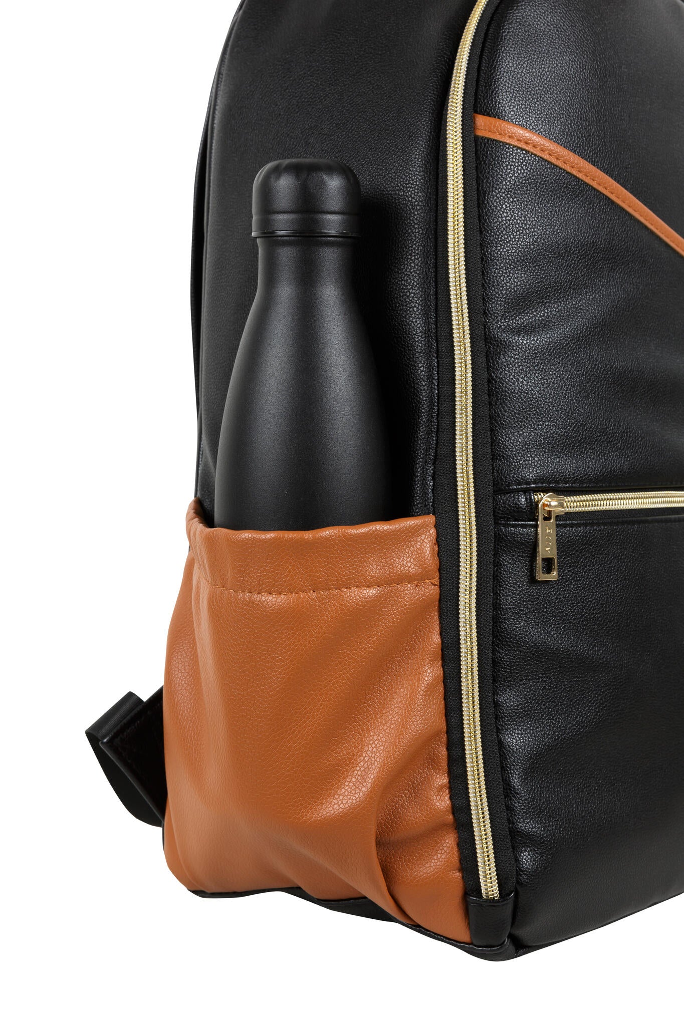 Corner detail with black bottle of Large Diaper Backpack – Black Coffee