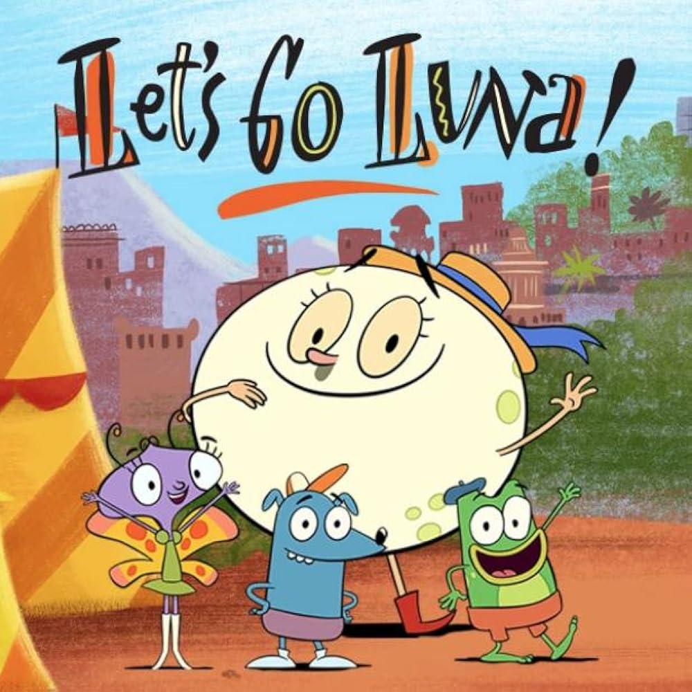 Cartoon characters with a castle and desert landscape in the background, featuring the title 'Let's Go Luva'.