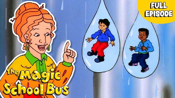 Promotional image for 'The Magic School Bus' with raindrop graphics and children, featuring a full episode text.