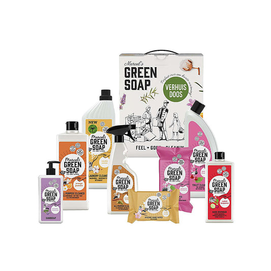 Marcel's Green Soap gift set with 8 eco-friendly cleaners in vibrant bottles and a sustainable packaging box