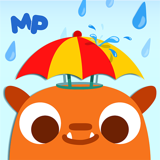 Cartoon character with a red and yellow umbrella on a blue background with raindrops.
