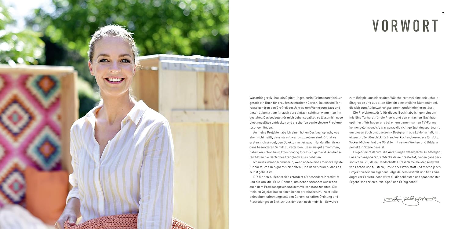 Woman standing next to a wooden structure with colorful fabric, text on the right side.