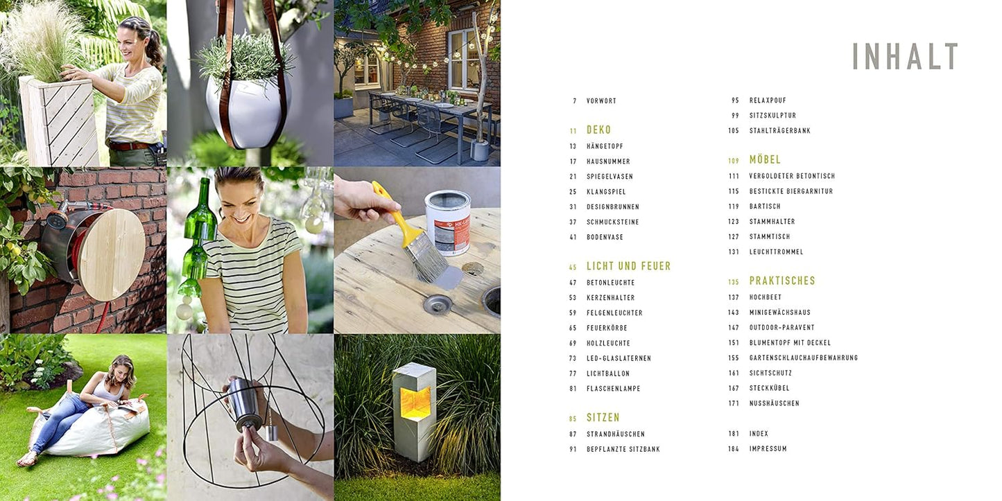 Collage of outdoor activities with a table of contents on the right side from Meine besten DIY-Projekte für Garten und Balkon.