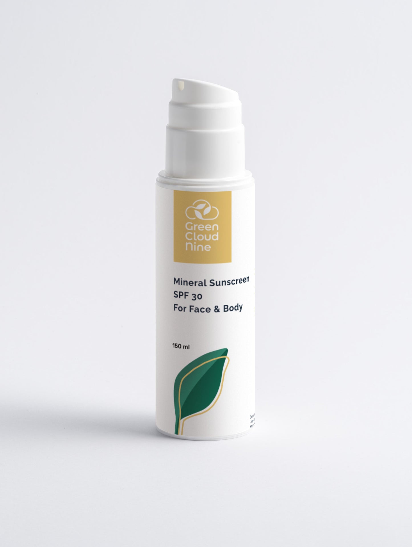 Mineral Suncreen SPF 30 For face and Body bottle pump with green leaf and green cloud nine logo on a white background