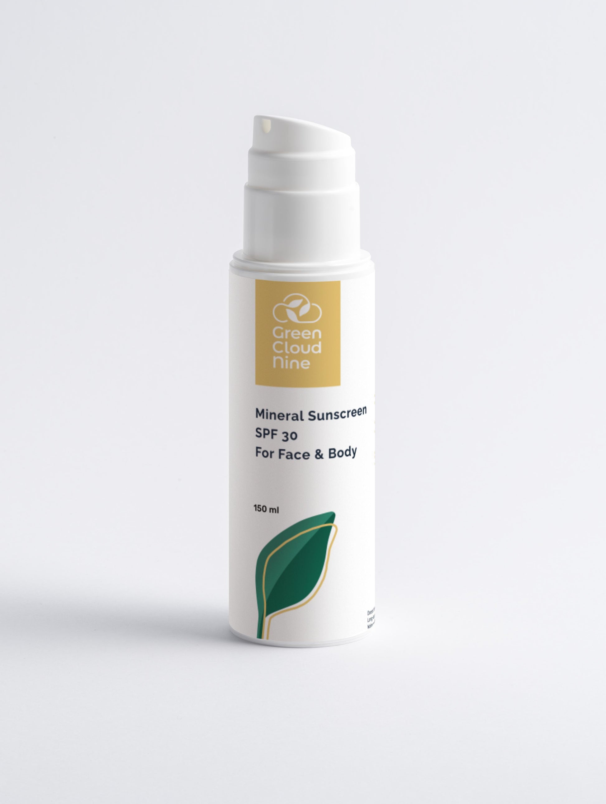 Mineral Suncreen SPF 30 For face and Body bottle pump with green leaf and green cloud nine logo on a white background