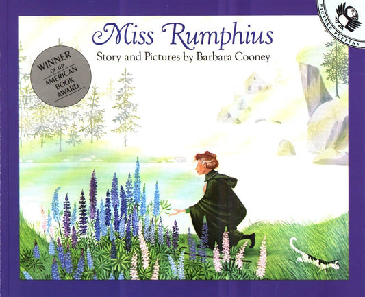 Book cover of 'Miss Rumphius' with a woman in a garden and purple border.