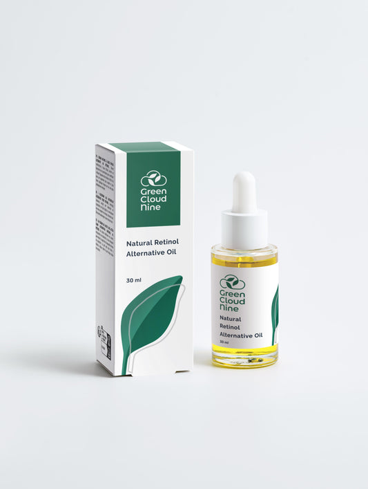Natural Retinol Alternative Oil Serum with box in a glass dropper bottle with Green Cloud Nine Logo