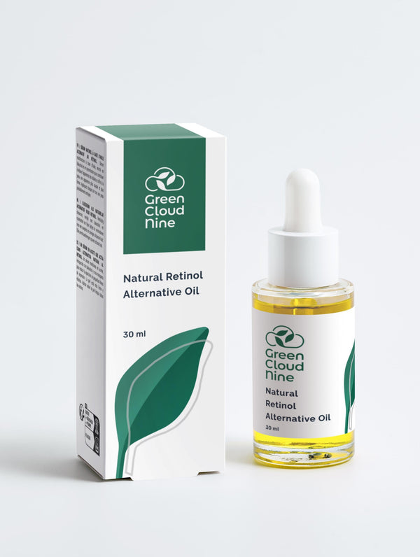 Natural Retinol Alternative Oil Serum with box in a glass dropper bottle with Green Cloud Nine Logo