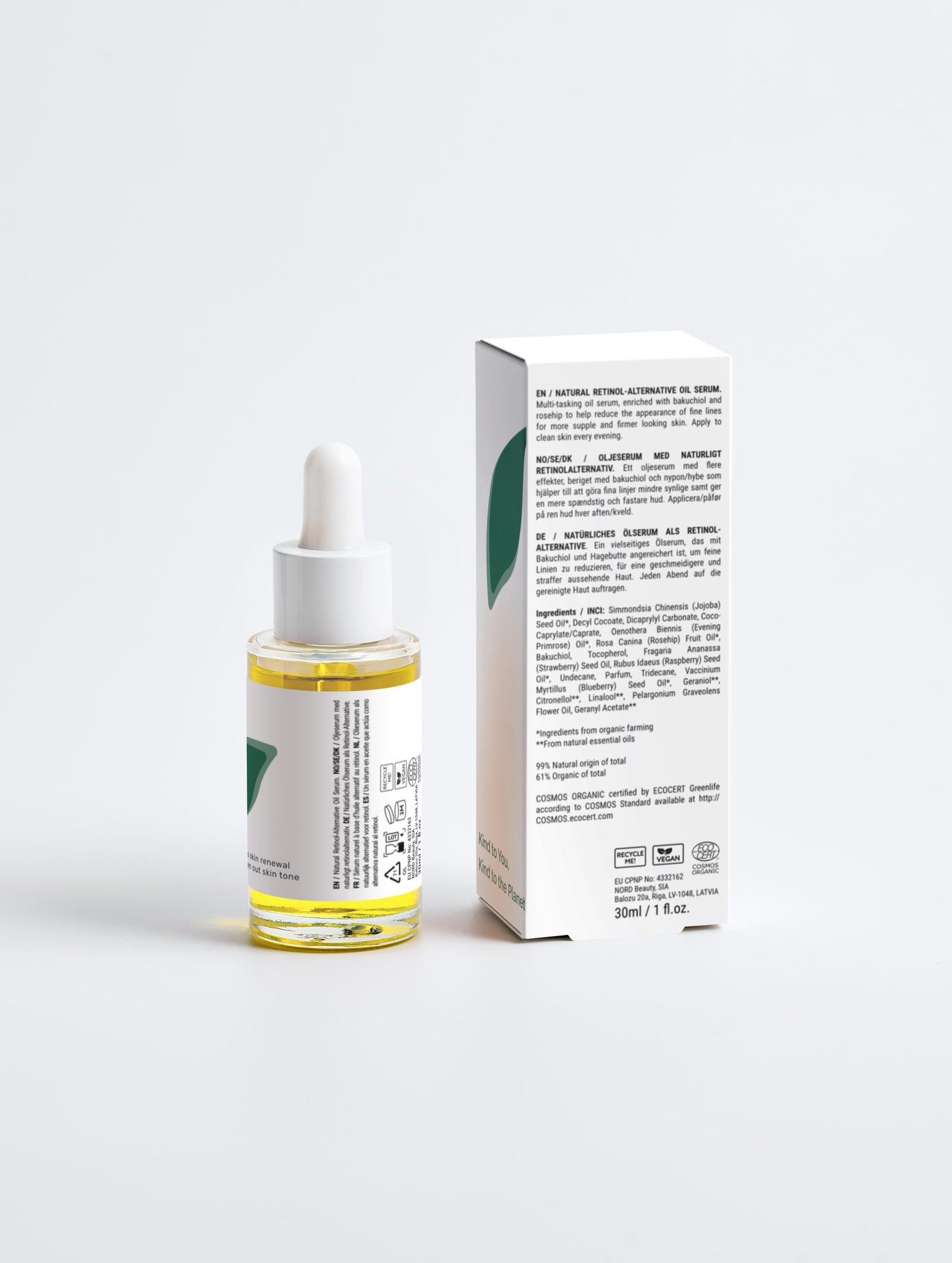 Natural Retinol Alternative Oil Serum  with box back in a glass dropper bottle with Green Cloud Nine Logo