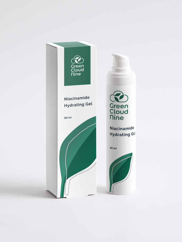 Niacinamide Hydrating Gel with box, in a white pump bottle with Green Cloud Nine Logo