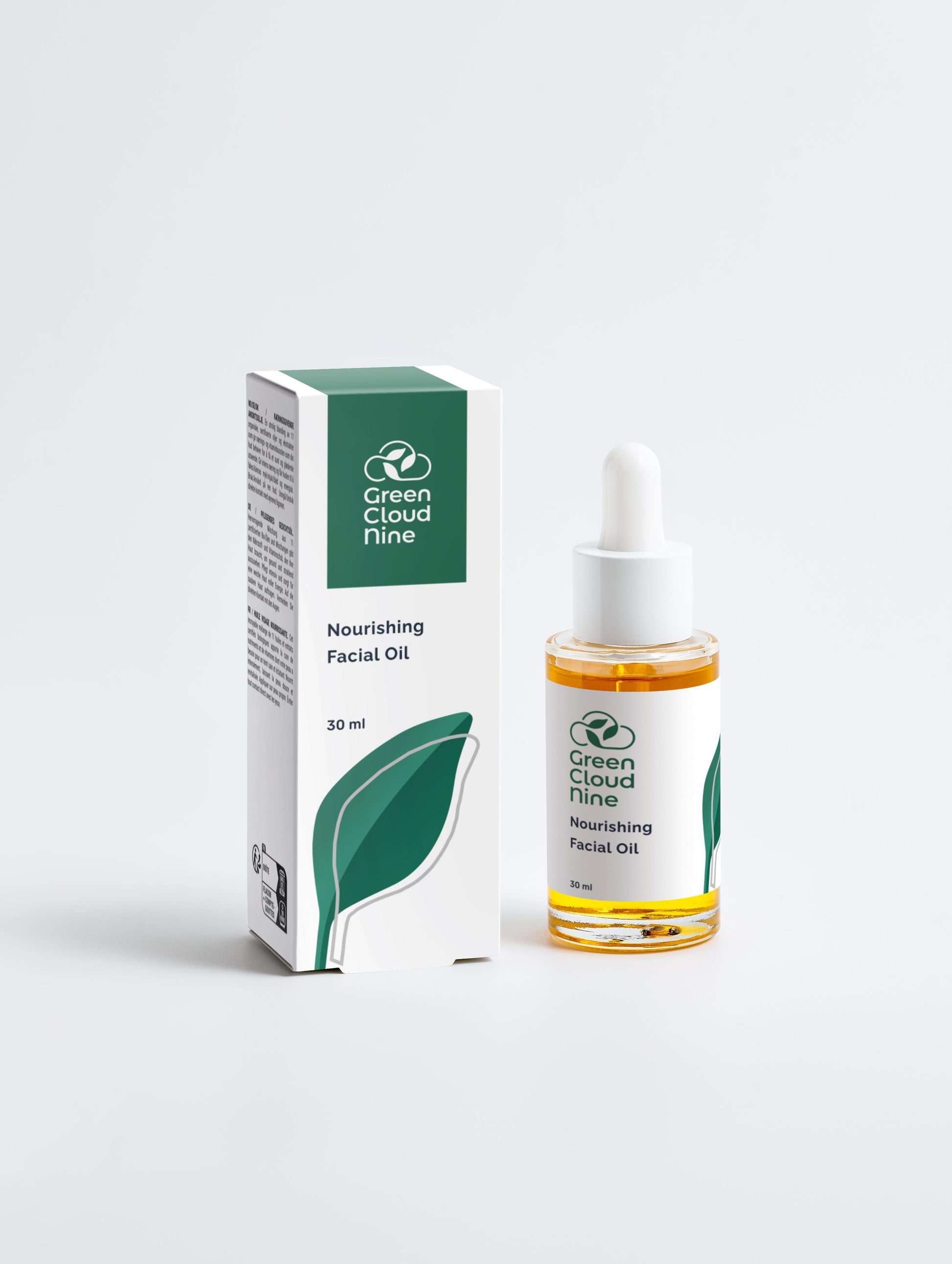 Nourishing facial oil bottle and packaging with 'Green Cloud Nine' logo on a white background (front)
