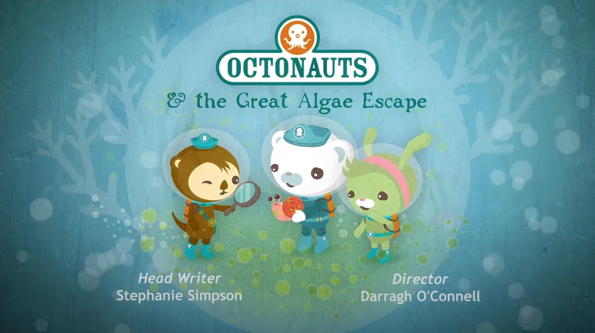 Title card for 'Octonauts & the Great Algae Escape' with cartoon characters on a blue background.