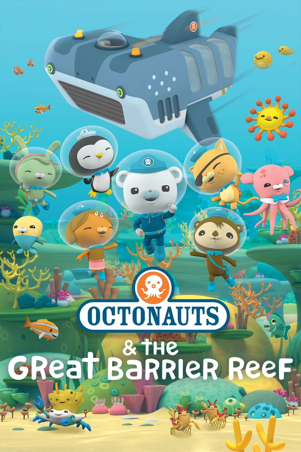 Illustration of Octonauts characters on a coral reef with a submarine, featuring the title 'Octonauts & the Great Barrier Reef'.