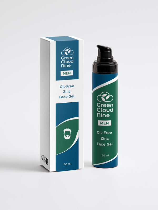 Oil-Free Zinc Face Gel for Men with box in a green/blue pump bottle with Green Cloud Nine Logo, on a white background