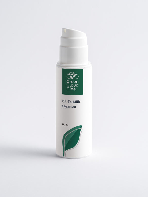 Oil-To-Milk Cleanser in a white pump bottle with Green Cloud Nine Logo on a white background