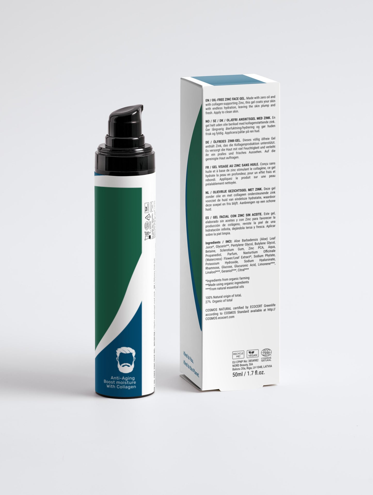 Oil-Free Zinc Face Gel with box back in a green/blue pump bottle with Green Cloud Nine Logo, on a white background