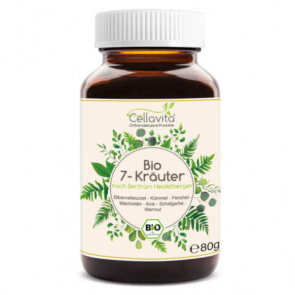 Amber glass jar of Ceilavita Organic 7 Herbs Powder blend, featuring natural green botanical illustrations.