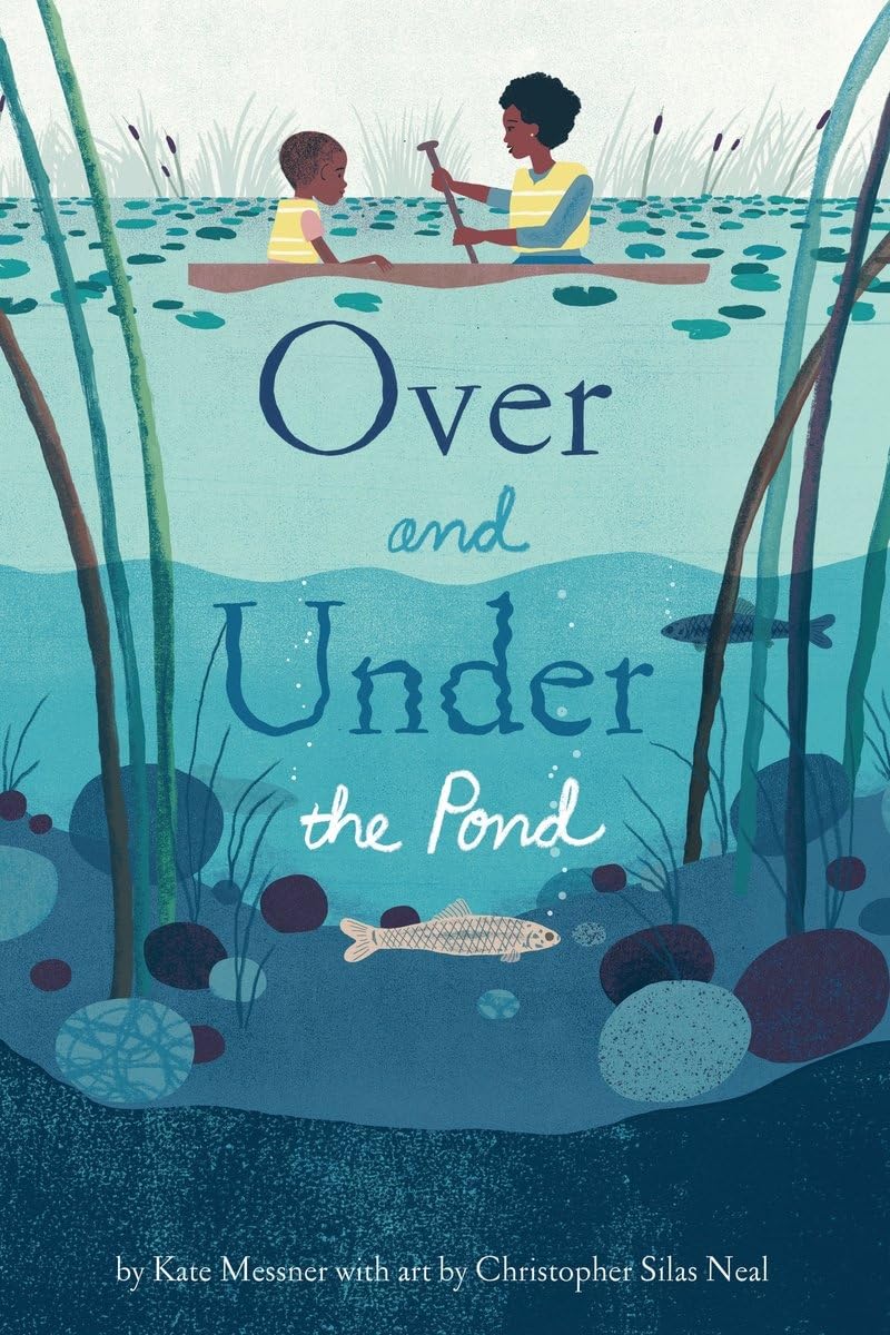 Book cover of 'Over and Under the Pond' with illustration of a child and the mother in a pond.