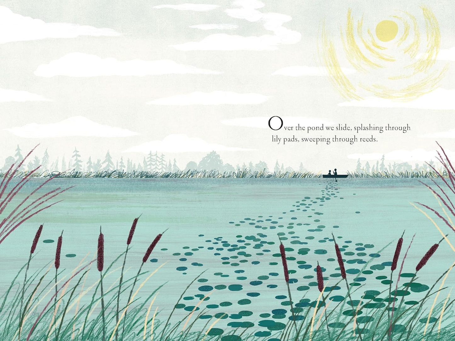 Illustration of a pond with lily pads and reeds, featuring text overlay.