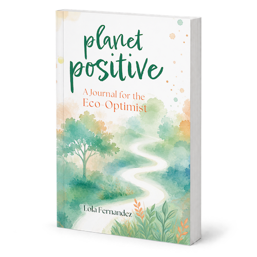 A hardcover journal titled 'planet positive: A Journal for the Eco Optimist' by Lola Fernandez, featuring a watercolor cover illustration of a winding path through a green forest.