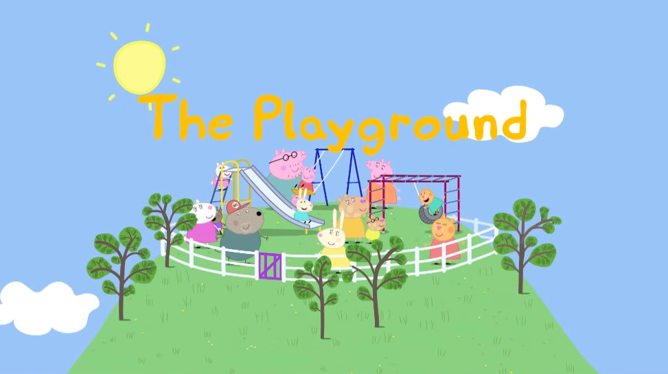 Cartoon playground scene with children playing on a sunny day