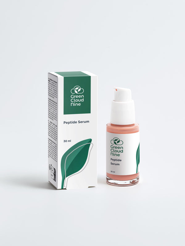 Peptide Serum with box in a white pump bottle with Green Cloud Nine Logo on a white background