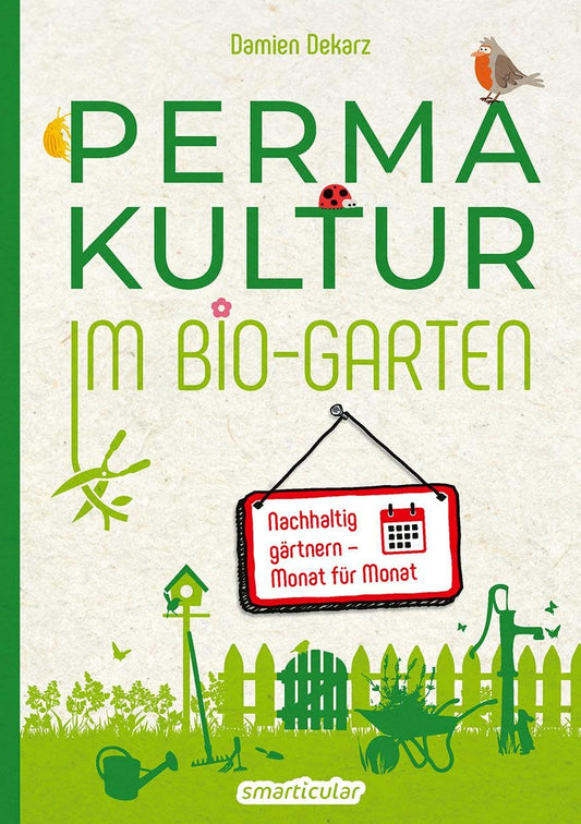 Book cover of 'Permakultur im Bio-Garten' with green text and gardening illustrations.