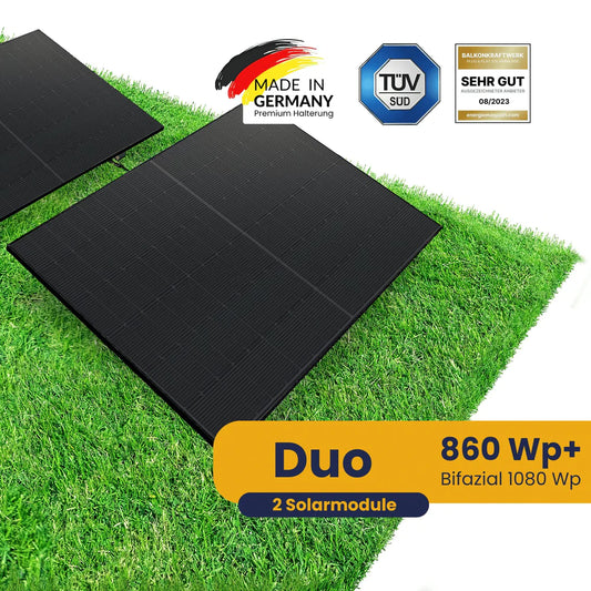 Plug & Play solar system Duo by Kleines Kraftwerk with 2 black panels, 860 Wp+, made in Germany for easy green energy