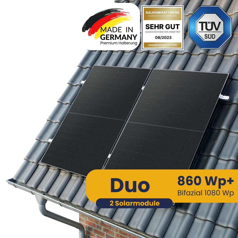 Plug & Play solar panels Duo by Kleines Kraftwerk mounted on roof, 860 Wp+ bifacial, TÜV certified and made in Germany