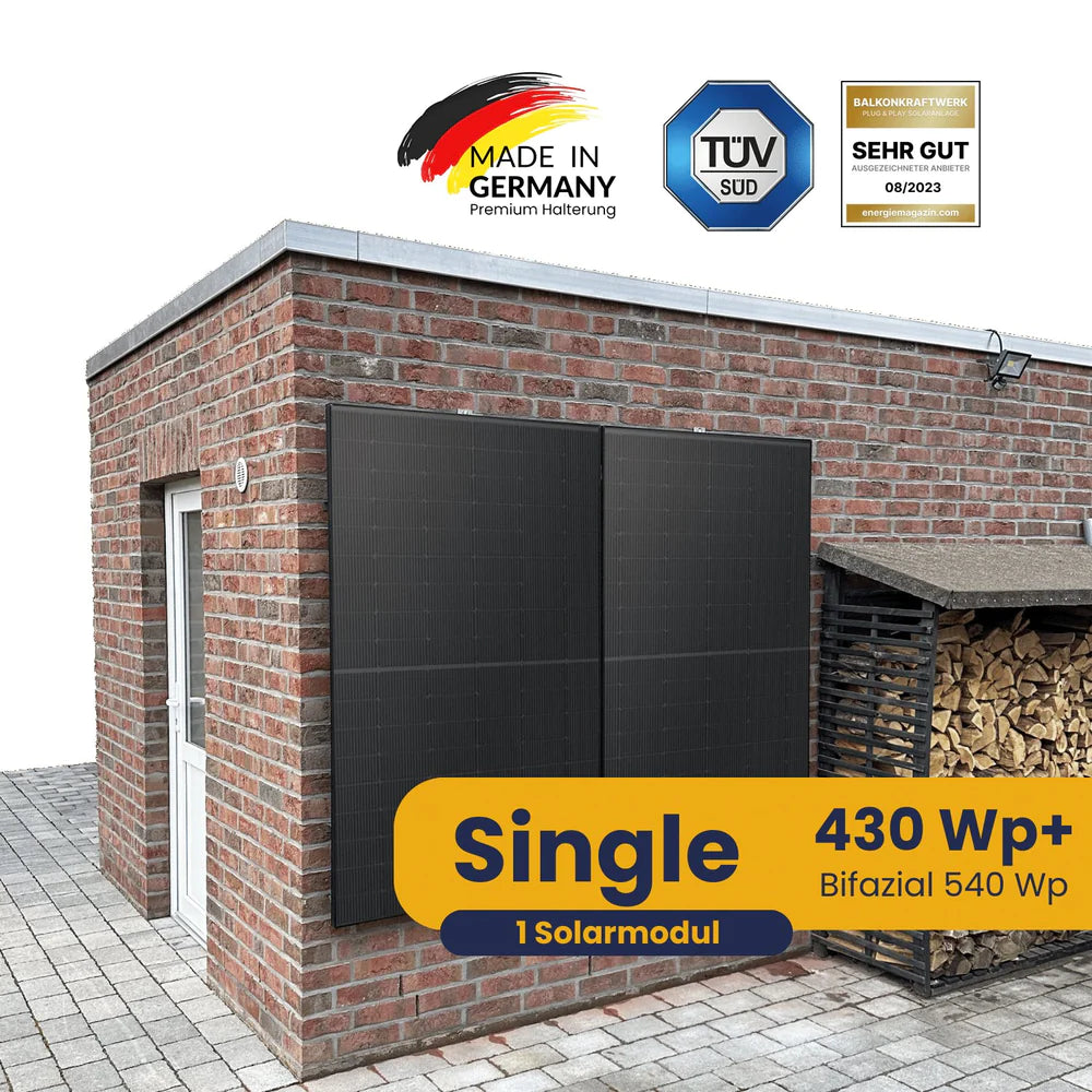 Kleines Kraftwerk Single solar system with 430 Wp+ panel mounted on brick wall, TÜV certified and made in Germany