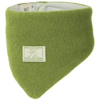 Green Pickapooh triangular scarf for babies and children, made from soft organic wool, ideal for warmth and comfort.