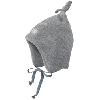 Gray Pickapooh baby hat made of organic wool with ear flaps, ties, and a top knot.