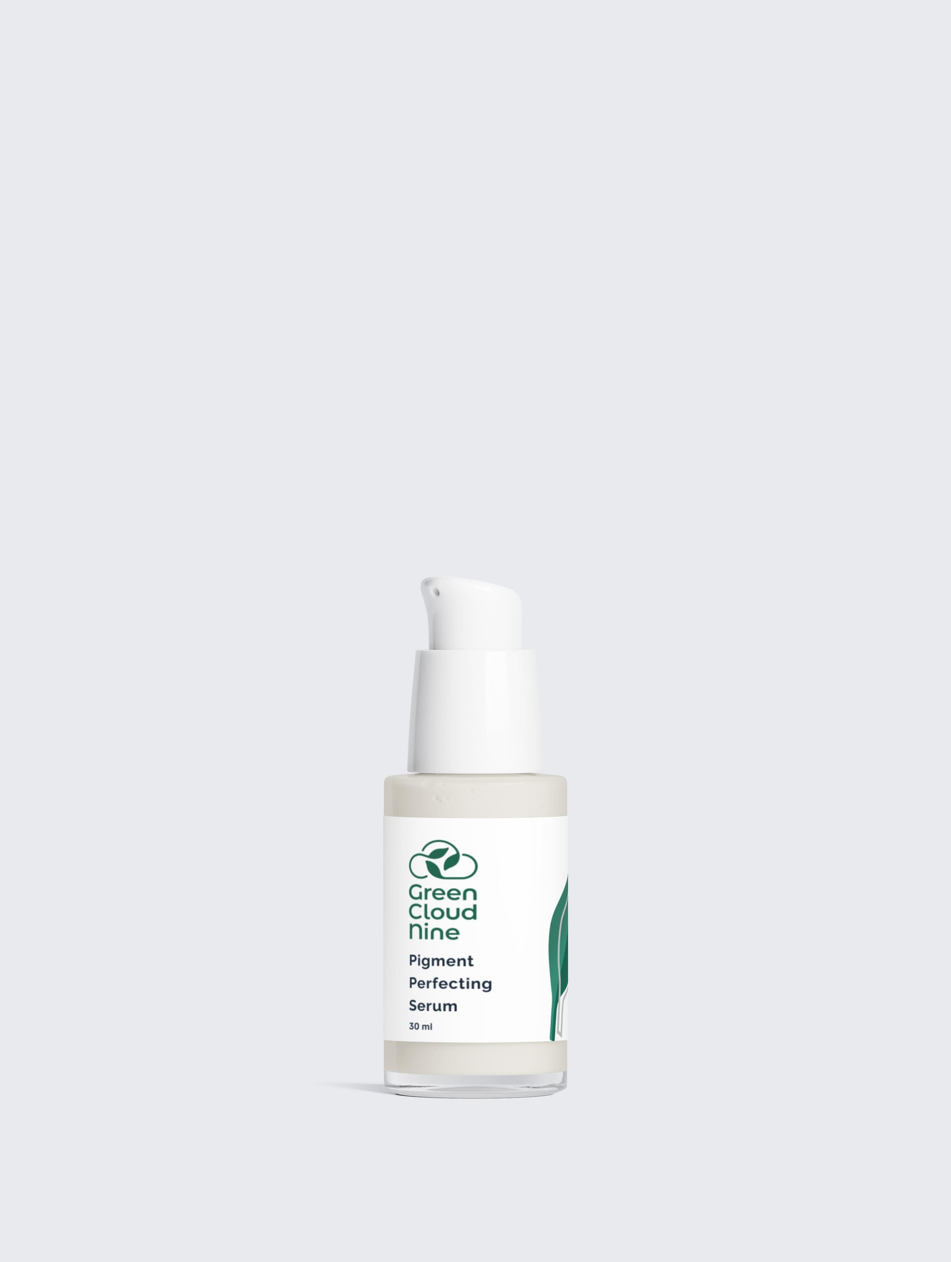 Skincare serum bottle with a white cap on a light gray background