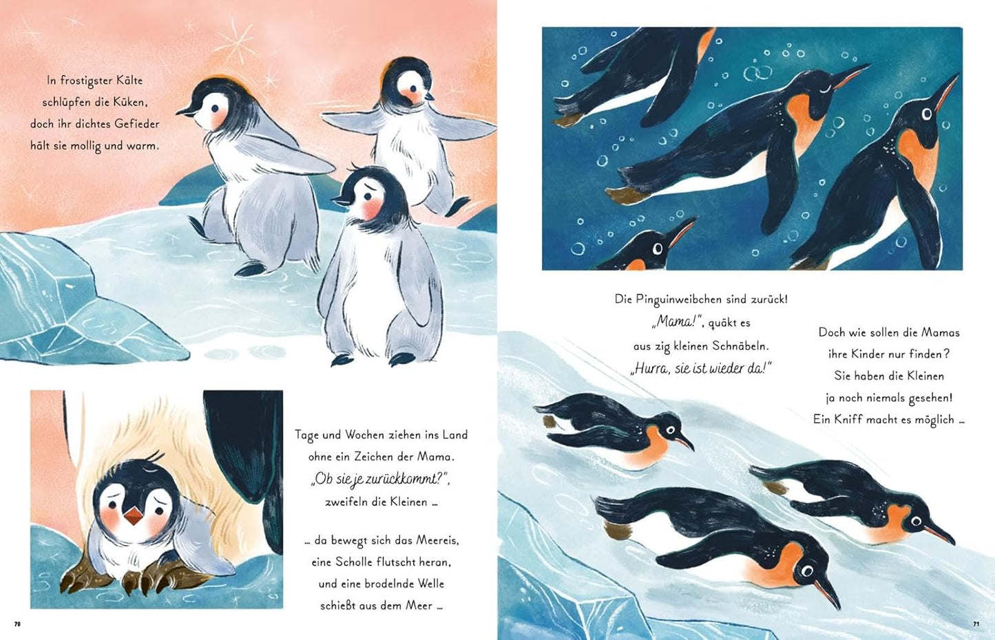 Illustrierte Buchseiten mit Pinguinen auf Eis