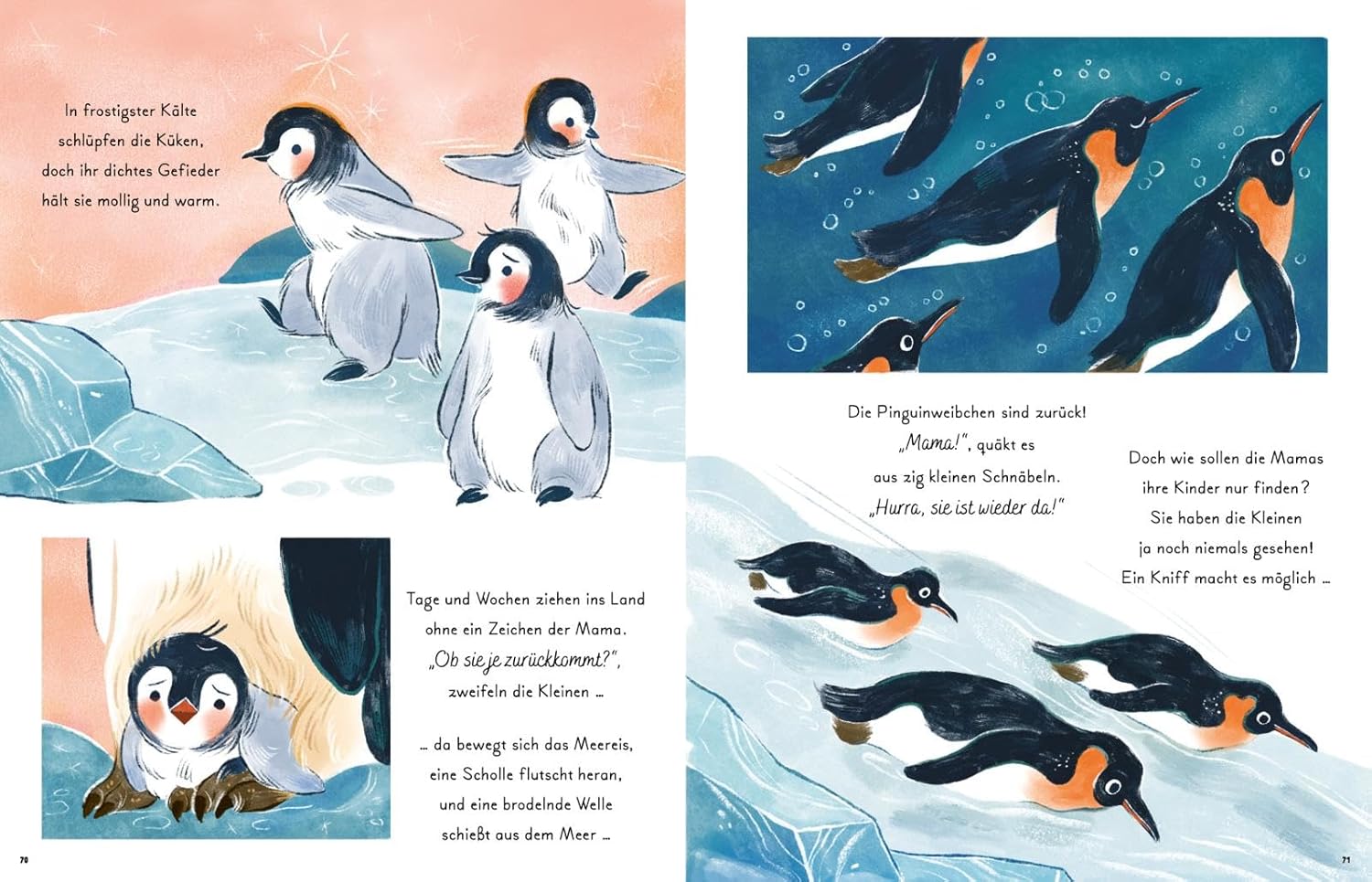 Illustrierte Buchseiten mit Pinguinen auf Eis