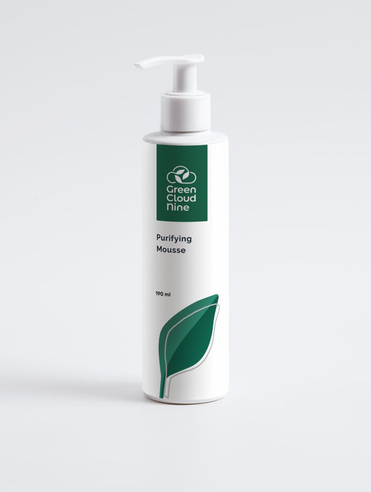 Purifying Mousse 190ml in a white pump bottle with Green Cloud Nine Logo