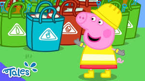 Peppa Pig character in a yellow raincoat standing next to a blue recycling bin with a warning label on a green background.